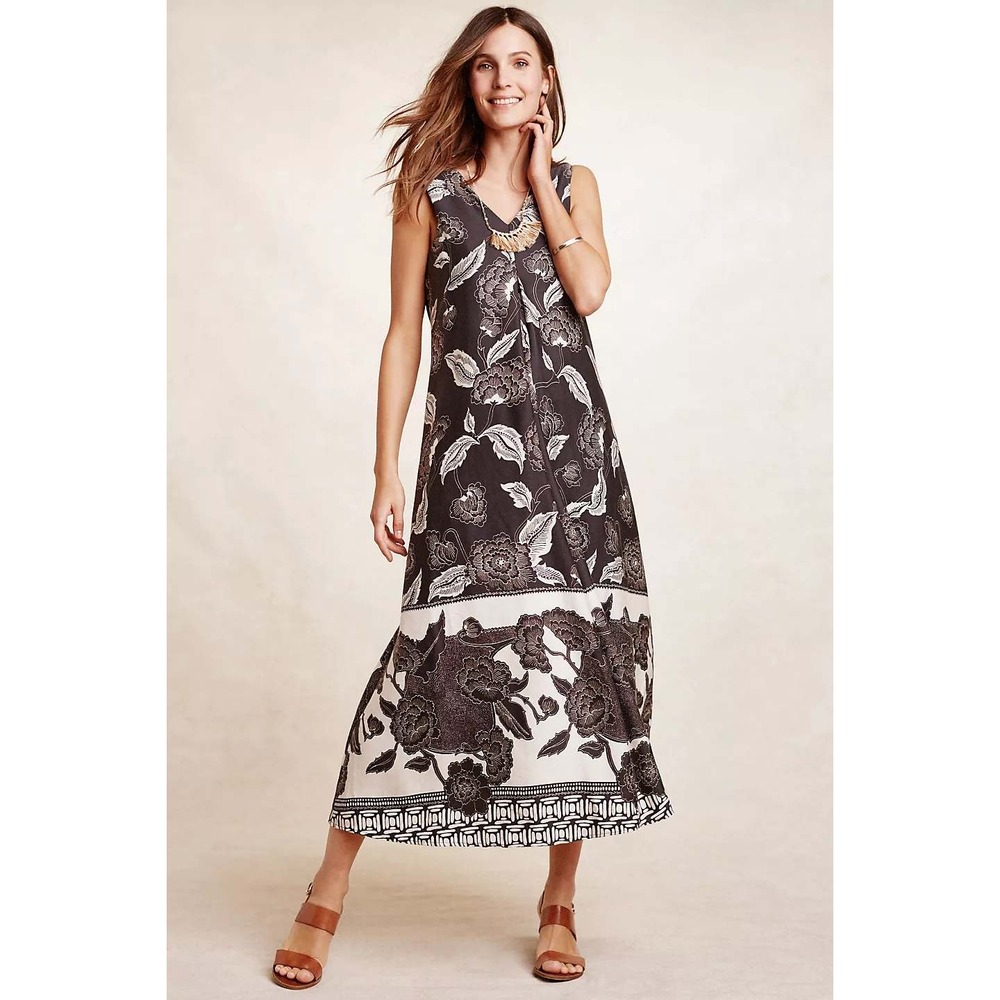 Anthropologie Floreat Soha Maxi Dress Sz L Brown White Linen Blend Pockets